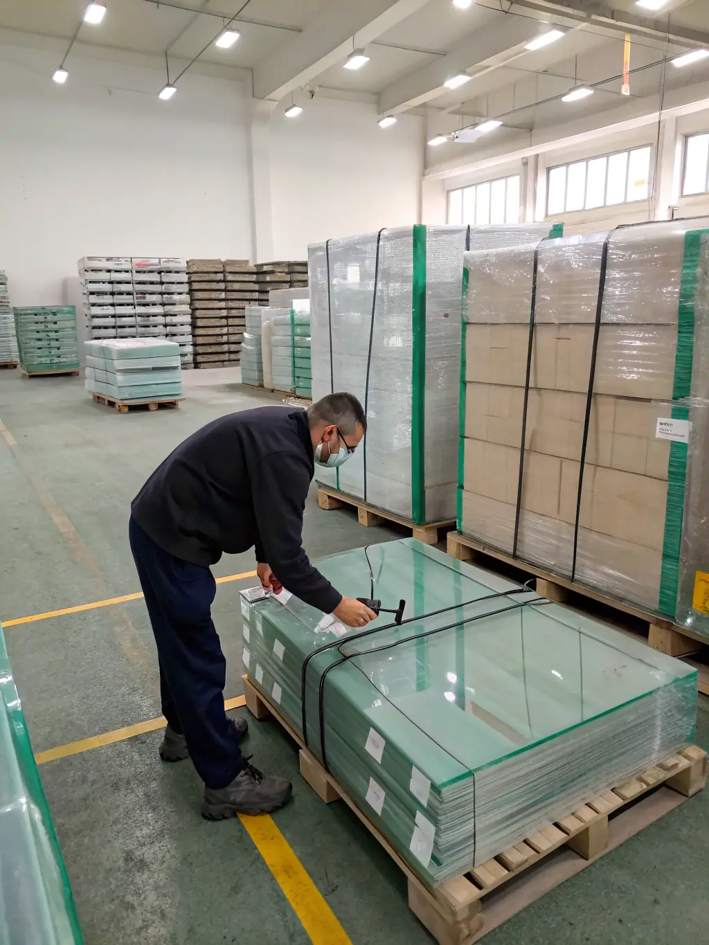 A photograph of a shipment of glass being prepared for export, showing the careful packaging and labeling process.