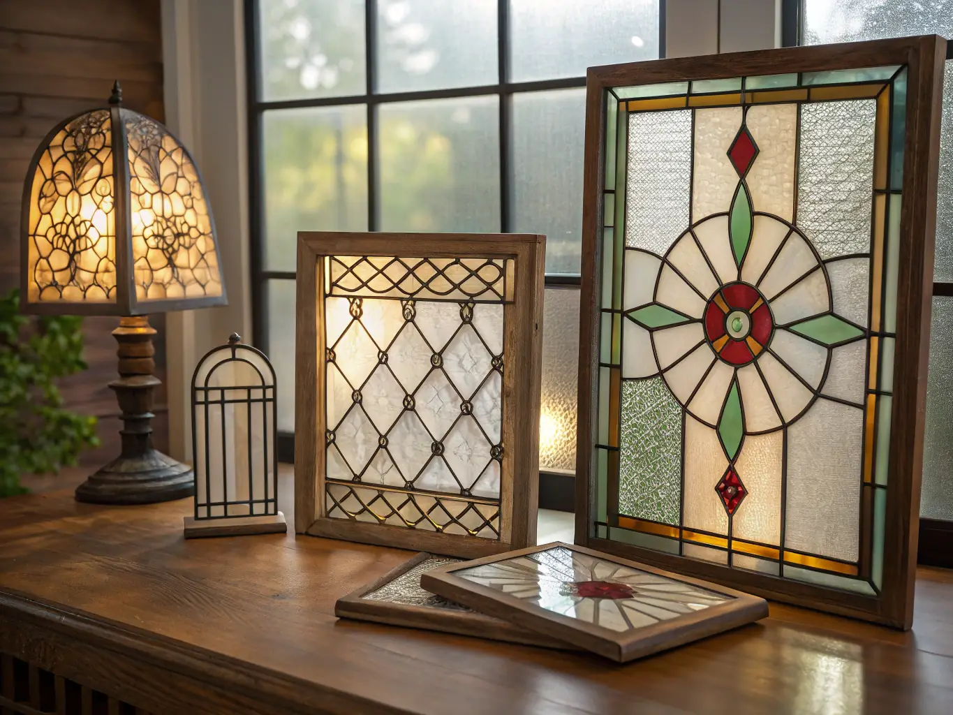 A display of various sizes and shapes of glass components used in mobile homes, highlighting the precision and customization offered by Eagleton Glass.