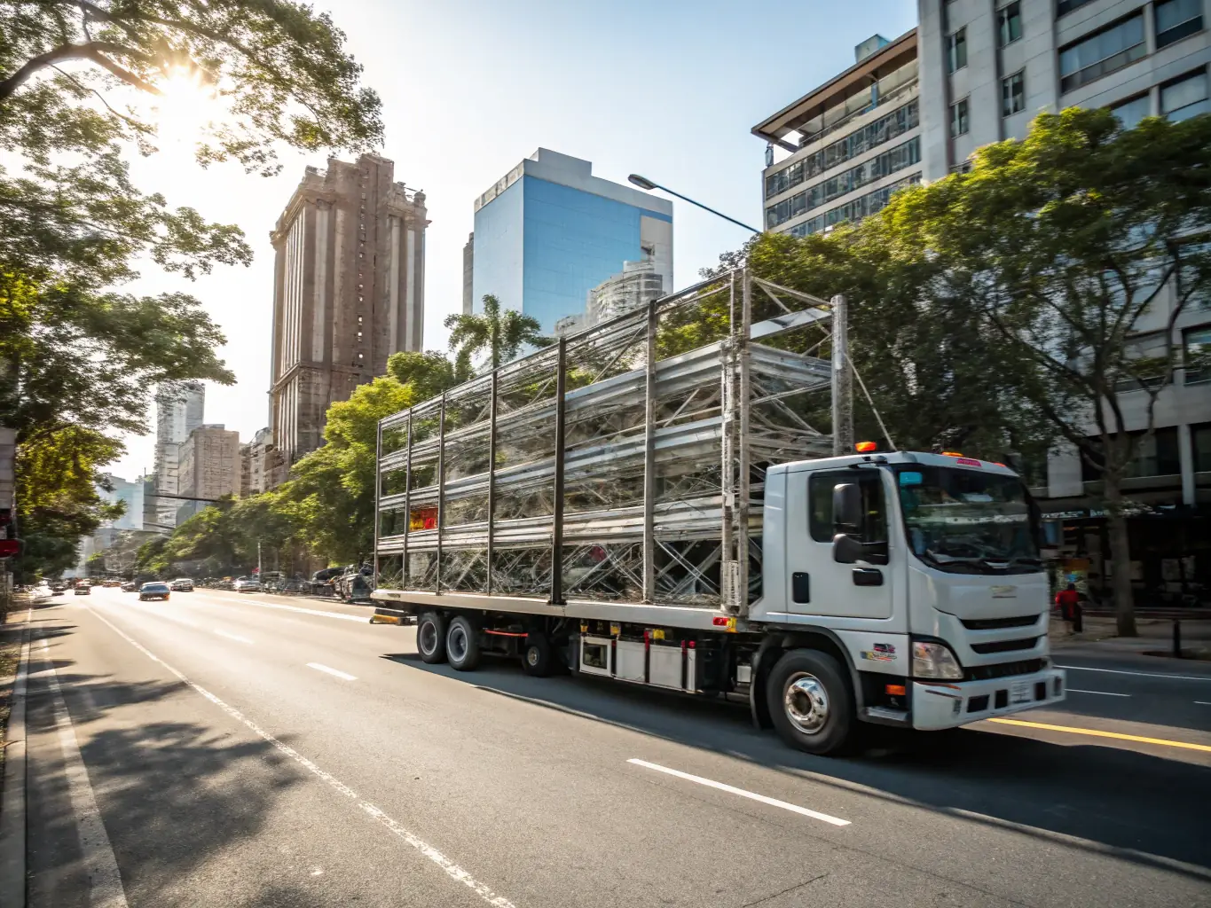 A truck loaded with glass products ready for export, with a clear focus on secure packaging and efficient logistics.