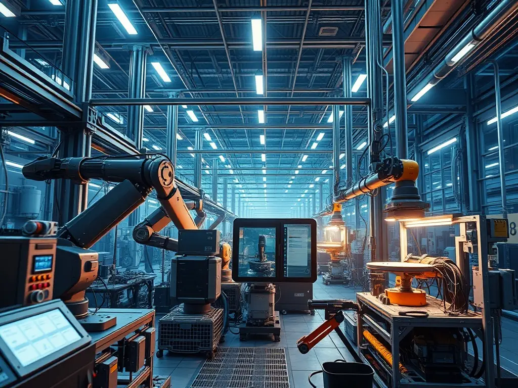 A modern glass manufacturing facility with automated machinery producing various types of glass sheets, showcasing precision and efficiency.